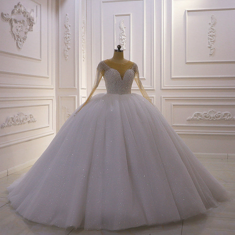 Sparkly Jewel Sequined Long Sleevess Princess Wedding Dress-showprettydress