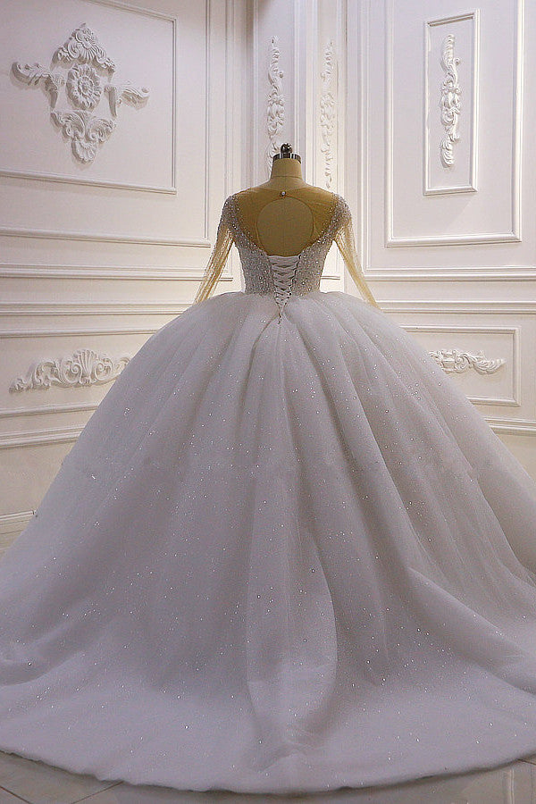 Sparkly Jewel Sequined Long Sleevess Princess Wedding Dress-showprettydress