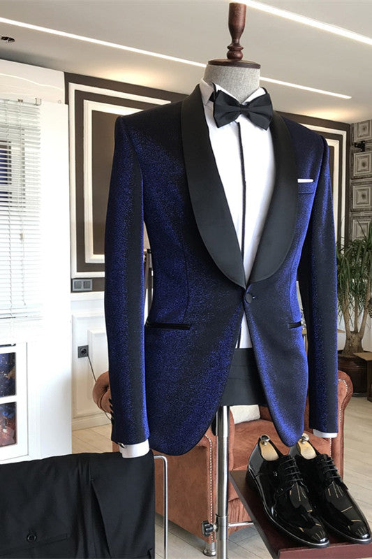 Sparkly Navy Blue Shawl Lapel Wedding Suits with Black Lapel-showprettydress