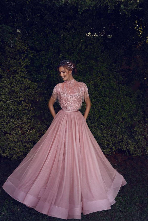 Special High Neck Tassel Beading Cap Sleeves Princess Prom Dresses Blushing Pink Evening Gowns-showprettydress