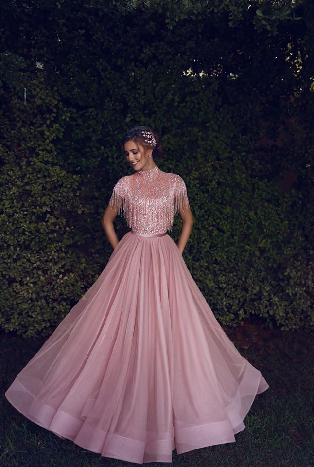 Special High Neck Tassel Beading Cap Sleeves Princess Prom Dresses Blushing Pink Evening Gowns-showprettydress