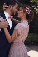 Special High Neck Tassel Beading Cap Sleeves Princess Prom Dresses Blushing Pink Evening Gowns-showprettydress