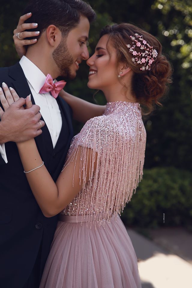 Special High Neck Tassel Beading Cap Sleeves Princess Prom Dresses Blushing Pink Evening Gowns-showprettydress