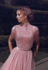 Special High Neck Tassel Beading Cap Sleeves Princess Prom Dresses Blushing Pink Evening Gowns-showprettydress