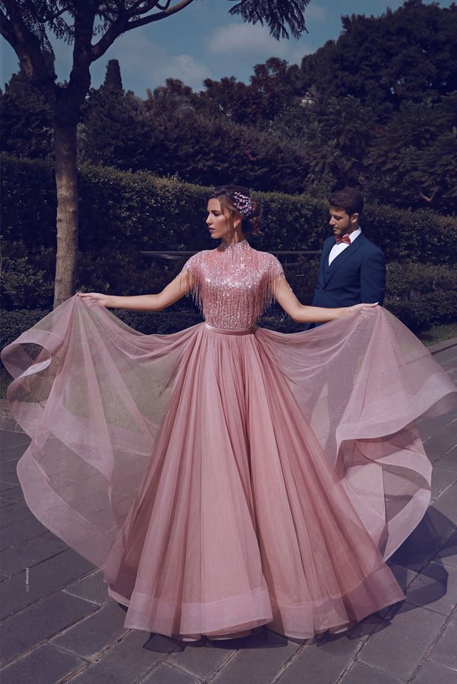 Special High Neck Tassel Beading Cap Sleeves Princess Prom Dresses Blushing Pink Evening Gowns-showprettydress