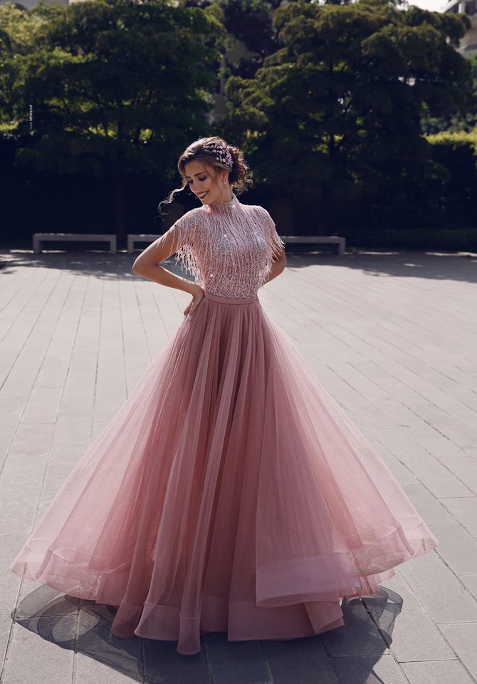 Special High Neck Tassel Beading Cap Sleeves Princess Prom Dresses Blushing Pink Evening Gowns-showprettydress
