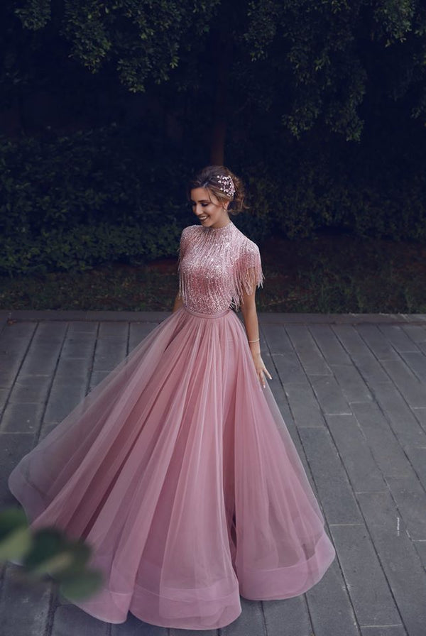 Special High Neck Tassel Beading Cap Sleeves Princess Prom Dresses Blushing Pink Evening Gowns-showprettydress
