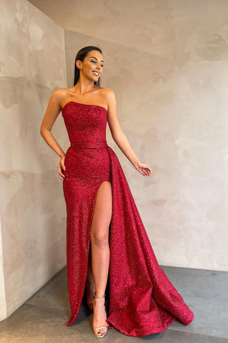 Special Strapless Sexy Front Slit Evening Dress Red Long-showprettydress
