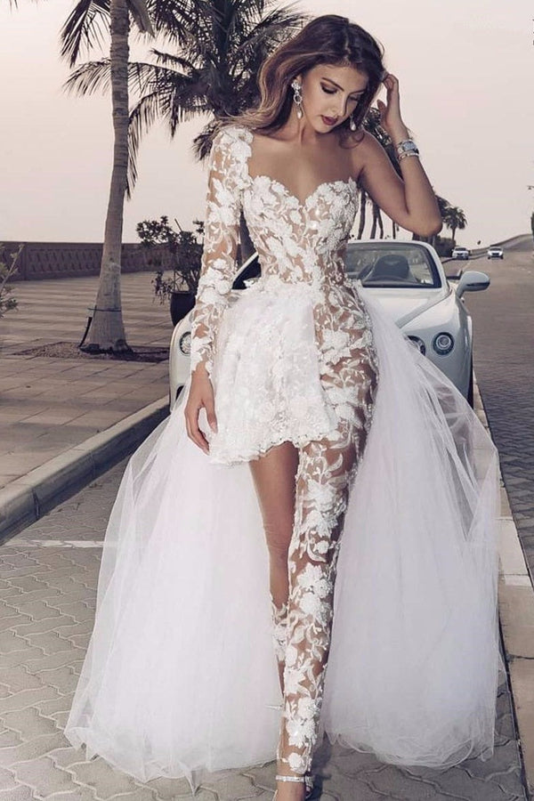 Special Two-piece Tulle Hi-lo Wedding Dress Lace Short Sexy One Shoulder With Long Sleeve On One Side-showprettydress