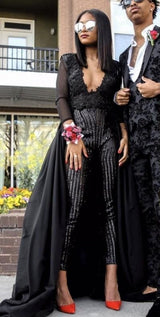 Special V Neck Long sleeve Lace Prom dress with Sequins Trousers Floor Length Evening Gown-showprettydress