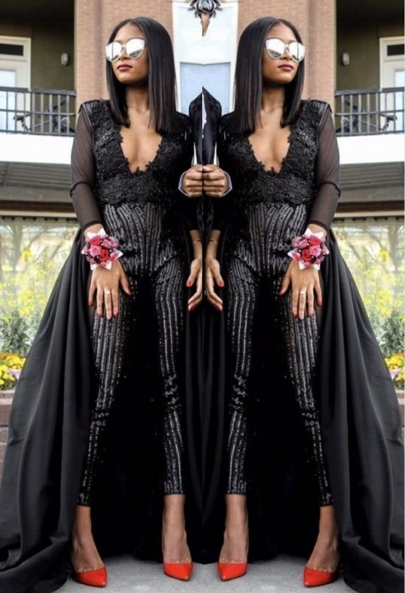 Special V Neck Long sleeve Lace Prom dress with Sequins Trousers Floor Length Evening Gown-showprettydress