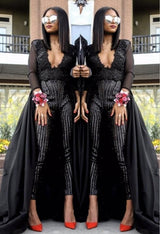 Special V Neck Long sleeve Lace Prom dress with Sequins Trousers Floor Length Evening Gown-showprettydress