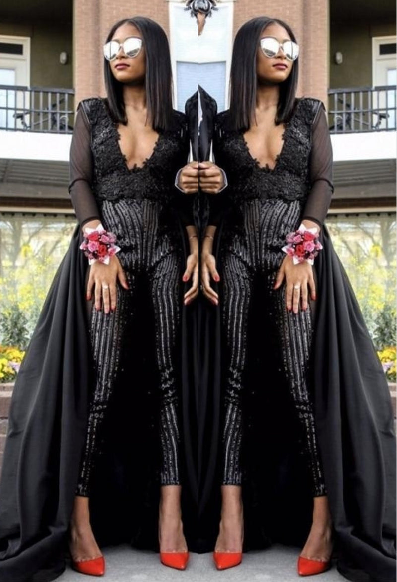 Special V Neck Long sleeve Lace Prom dress with Sequins Trousers Floor Length Evening Gown-showprettydress