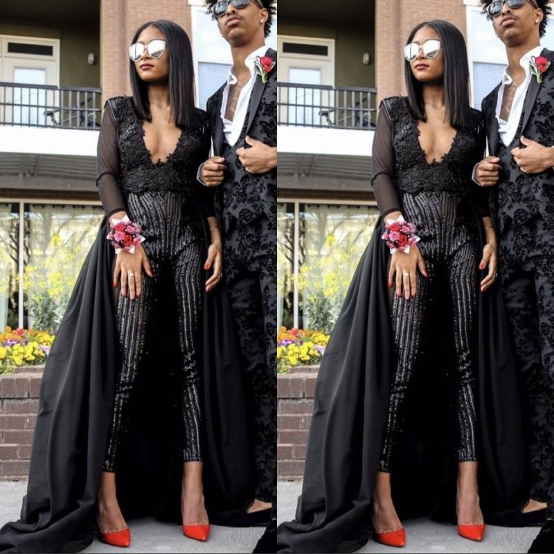 Special V Neck Long sleeve Lace Prom dress with Sequins Trousers Floor Length Evening Gown-showprettydress