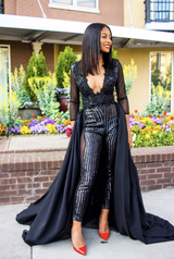 Special V Neck Long sleeve Lace Prom dress with Sequins Trousers Floor Length Evening Gown-showprettydress