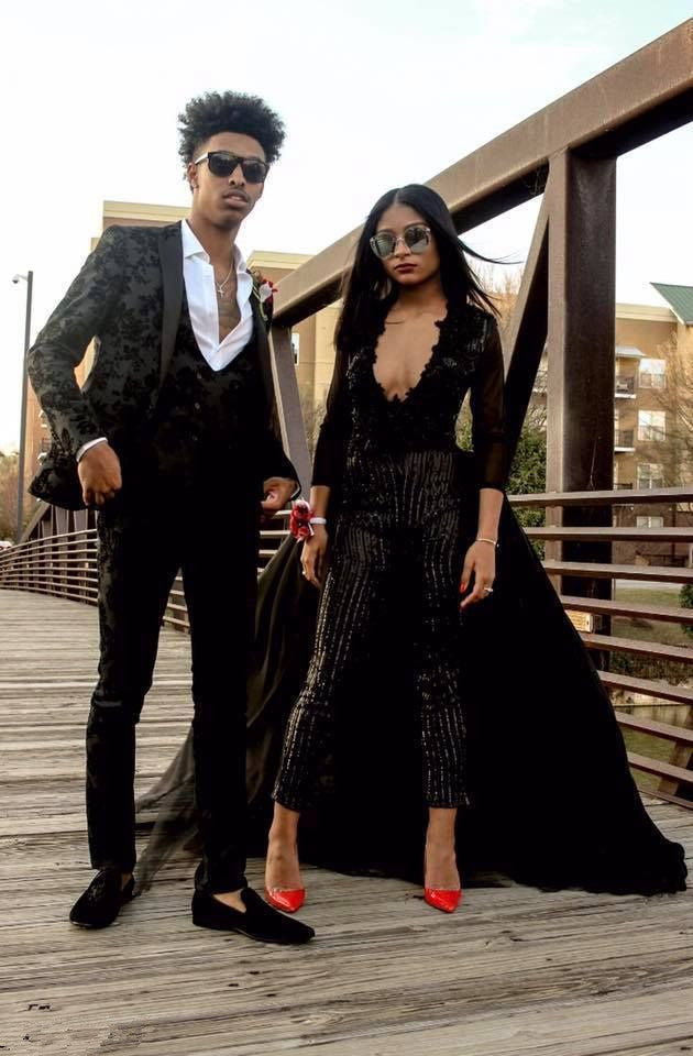 Special V-neck Long Sleevess Lace Prom dresses with Sequins Trousers Floor Length-showprettydress