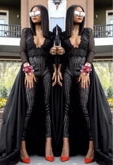 Special V-neck Long Sleevess Lace Prom dresses with Sequins Trousers Floor Length-showprettydress