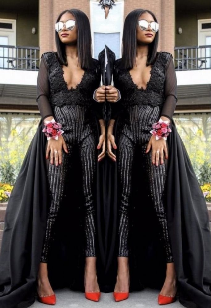 Special V-neck Long Sleevess Lace Prom dresses with Sequins Trousers Floor Length-showprettydress