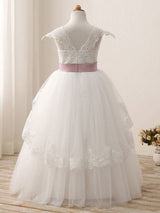 Square Neck Lace Short Sleeves Ankle Length Ball Gown Bows Kids Pageant flower girl dresses-showprettydress