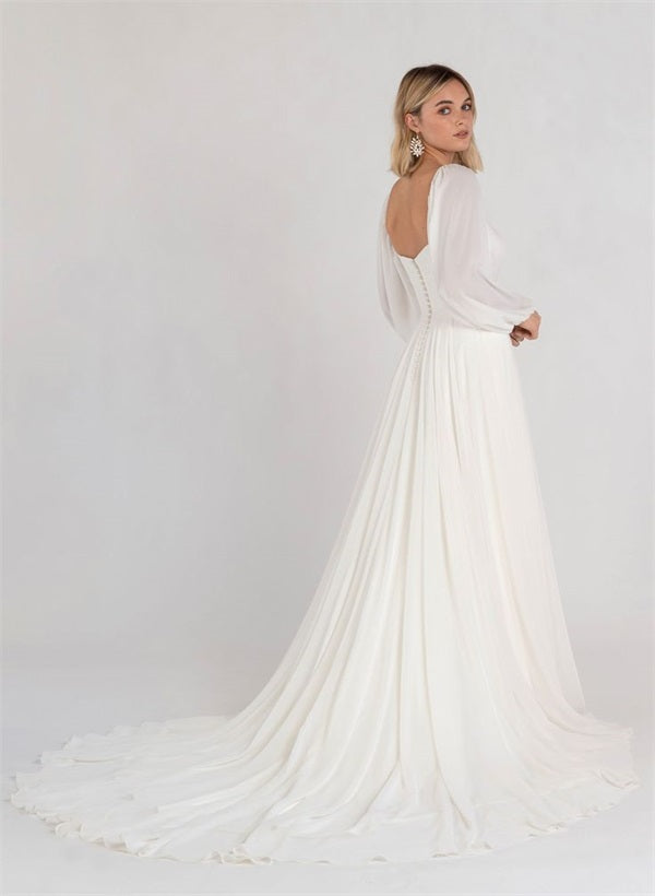 Square Neckline Chic A-line Wedding Dress Long Sleeves Chiffon Sweep Train-Showprettydress