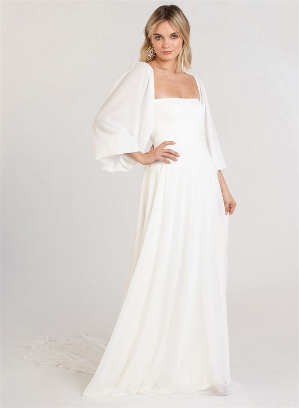 Square Neckline Chic A-line Wedding Dress Long Sleeves Chiffon Sweep Train-Showprettydress