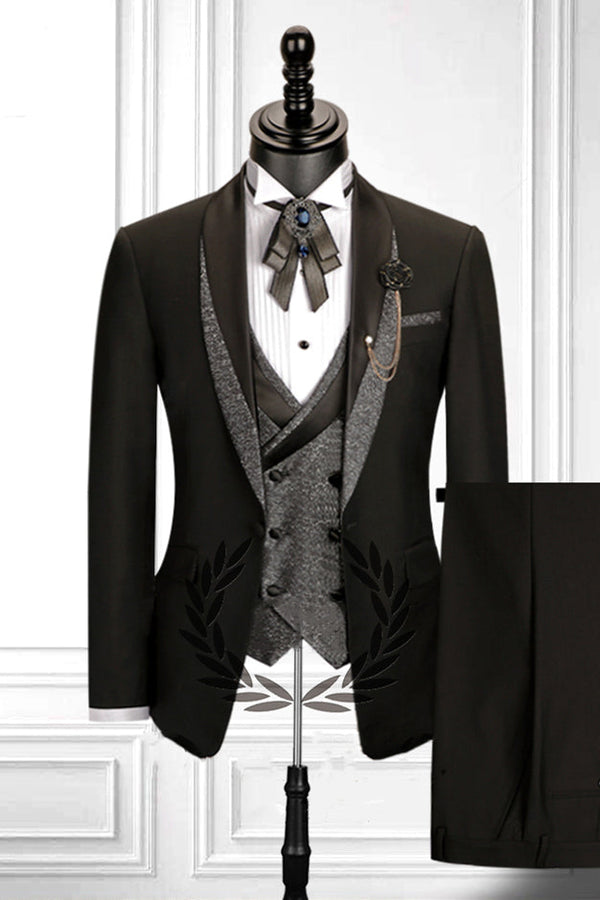 Stitching Shawl Lapel Black Three-piece Men Suit with Double Breasted Waistcoat-showprettydress