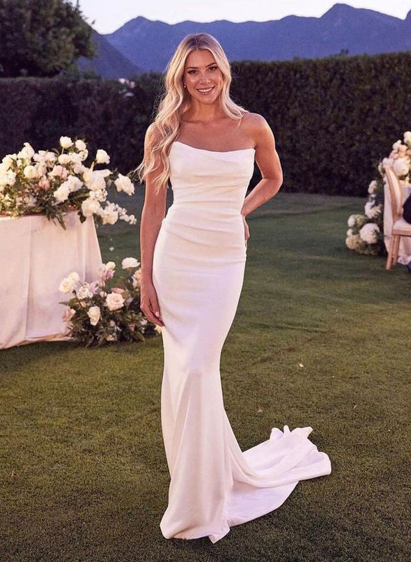Strapless Mermaid Fitted Wedding Dresses Elastic Satin Sweep Train for Summer Beach-Showprettydress