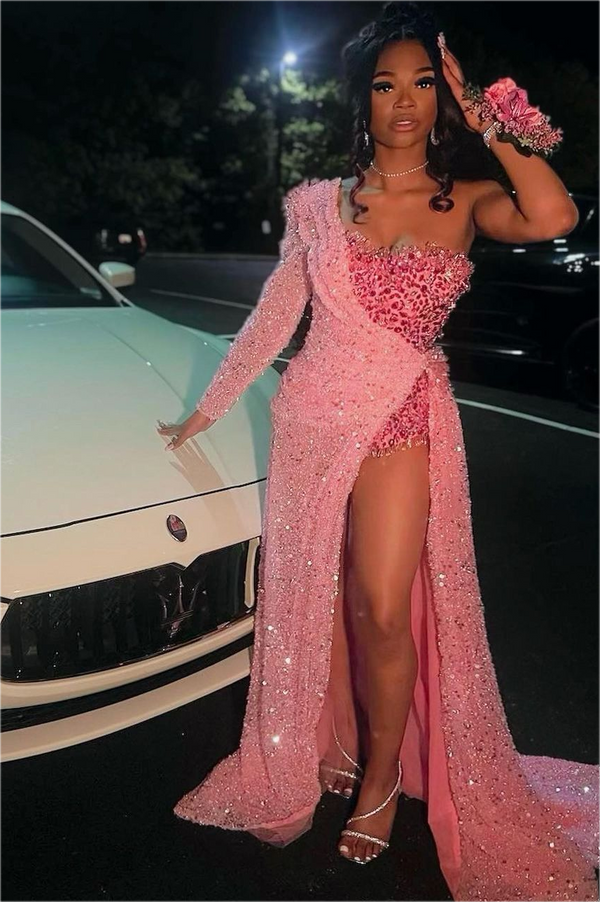 Strapless One Shoulder Sequins Chapel Train Front Side Prom Dress-showprettydress