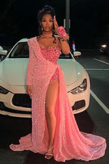 Strapless One Shoulder Sequins Chapel Train Front Side Prom Dress-showprettydress
