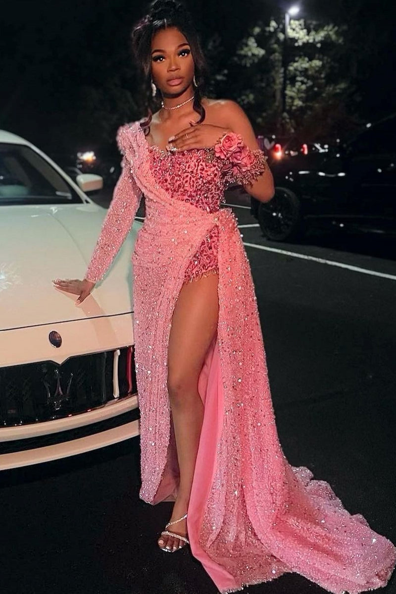 Strapless One Shoulder Sequins Chapel Train Front Side Prom Dress-showprettydress