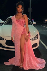 Strapless One Shoulder Sequins Chapel Train Front Side Prom Dress-showprettydress