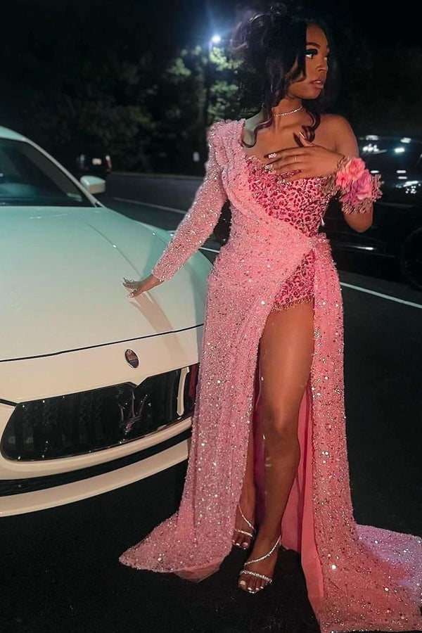 Strapless One Shoulder Sequins Chapel Train Front Side Prom Dress-showprettydress