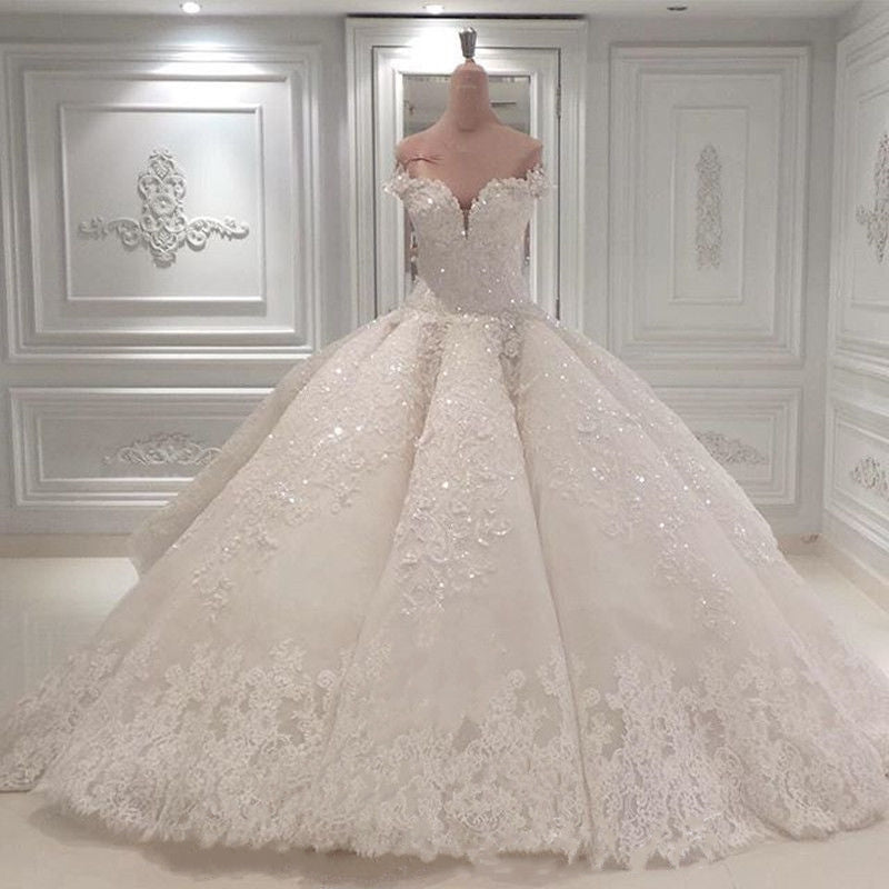 Strapless Sparkle Luxurious Train See through Ball Gown Wedding Dress-showprettydress