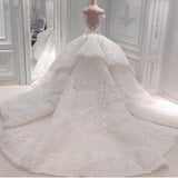 Strapless Sparkle Luxurious Train See through Ball Gown Wedding Dress-showprettydress