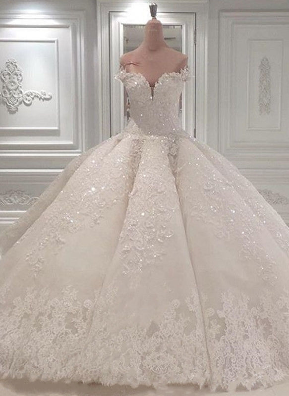Strapless Sparkle Luxurious Train See through Ball Gown Wedding Dress-showprettydress