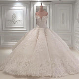 Strapless Sparkle Luxurious Train See through Ball Gown Wedding Dress-showprettydress