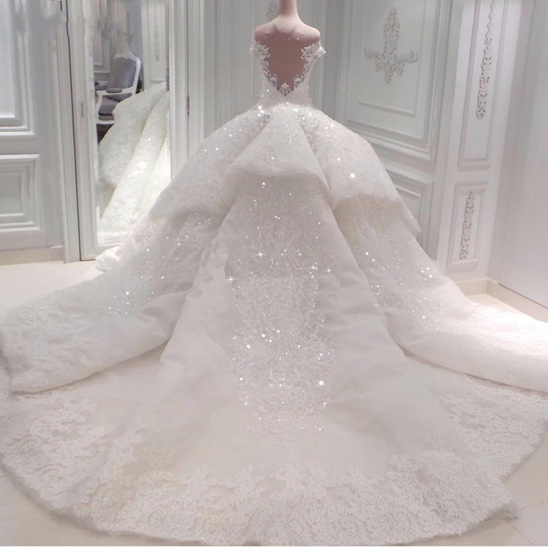 Strapless Sparkle Luxurious Train See through Ball Gown Wedding Dress-showprettydress