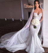 Strapless Sweetheart Beads Mermaid Wedding Dresses Appliques Tulle Bridal Gowns-showprettydress
