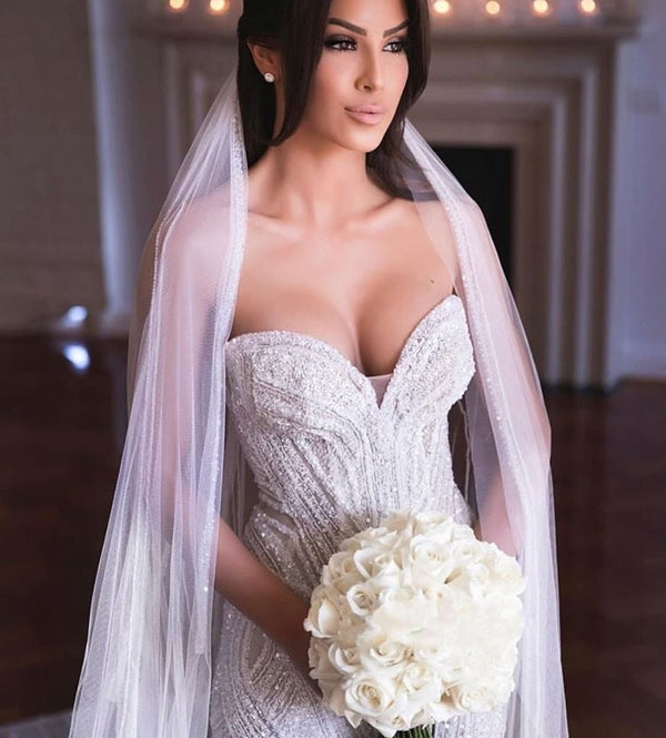 Strapless Sweetheart Beads Mermaid Wedding Dresses Appliques Tulle Bridal Gowns-showprettydress