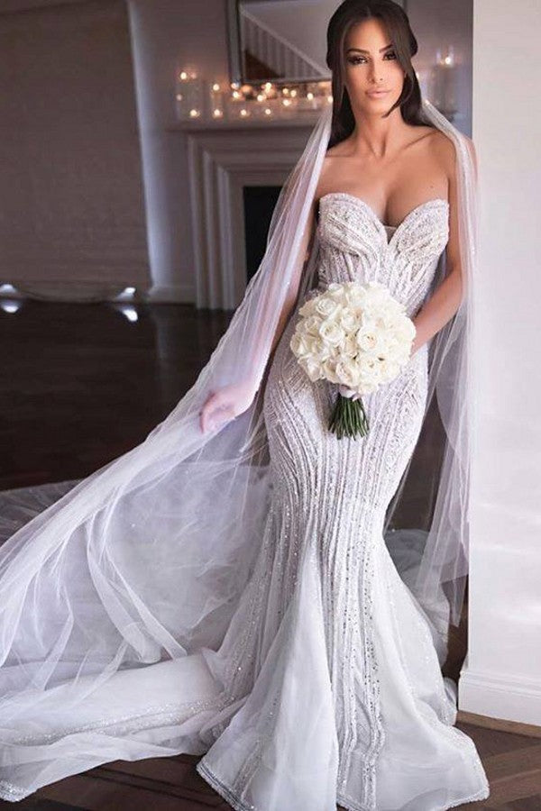 Strapless Sweetheart Beads Mermaid Wedding Dresses Appliques Tulle Bridal Gowns-showprettydress