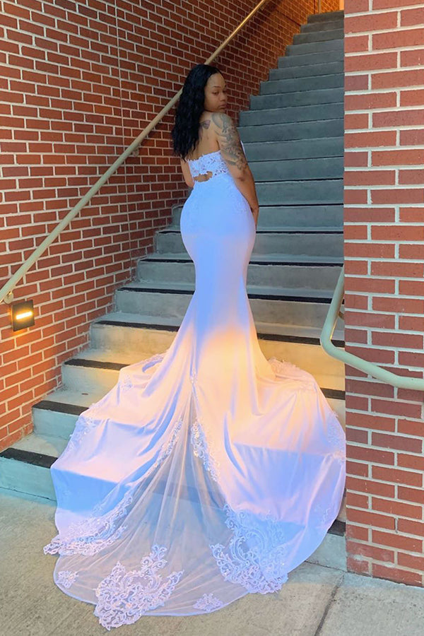 Strapless Sweetheart Lace Appliques Court Train Mermaid Prom Gowns-showprettydress