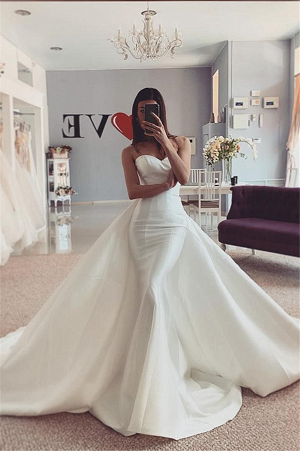 Strapless White Mermaid Wedding Dress with trendy overskirt-showprettydress