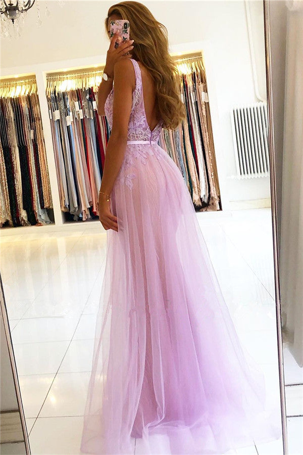 Straps A-line Lace V-neck Evening Dresses Floor Length Party Gowns-showprettydress