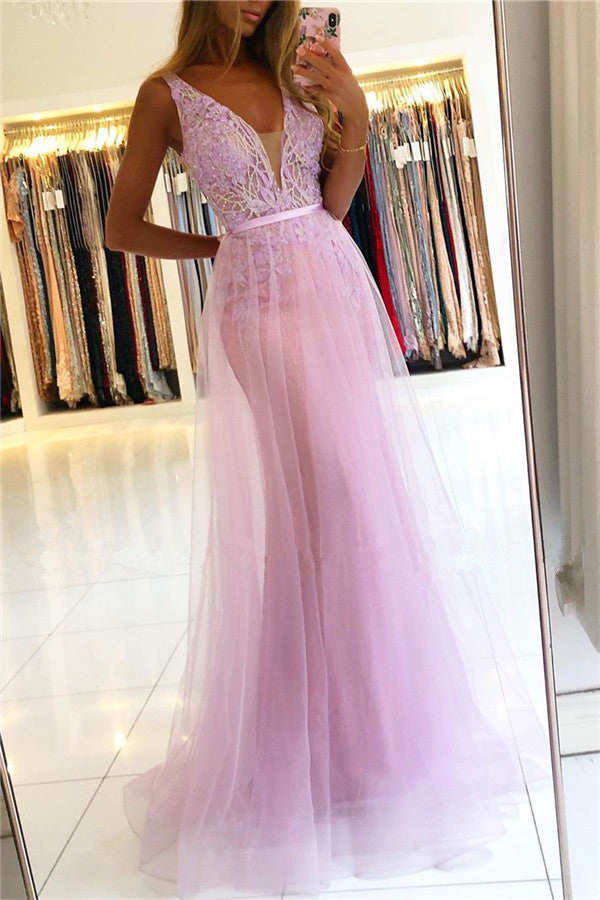 Straps A-line Lace V-neck Evening Dresses Floor Length Party Gowns-showprettydress