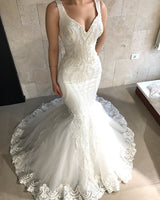 Straps Fit and Flare Beads Appliques Wedding Dresses Sleeveless Tulle Lace Bridal Gowns-showprettydress
