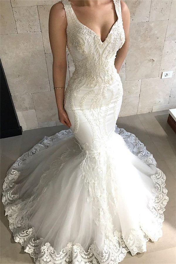 Straps Fit and Flare Beads Appliques Wedding Dresses Sleeveless Tulle Lace Bridal Gowns-showprettydress