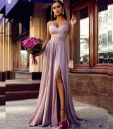Straps Lace Slit Prom Party Gowns| Sleeveless Lavender Long Formal Chic Evening Gown-showprettydress