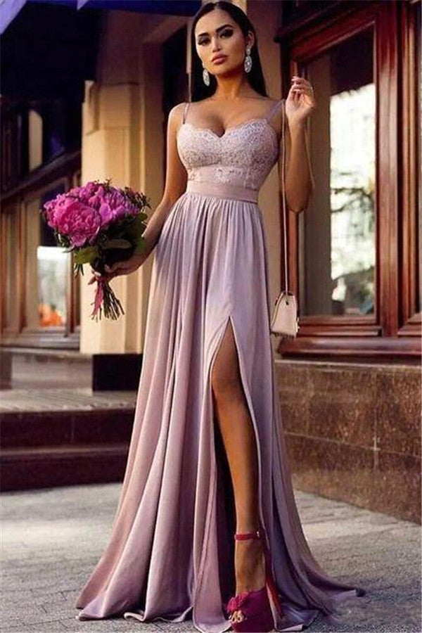 Straps Lace Slit Prom Party Gowns| Sleeveless Lavender Long Formal Chic Evening Gown-showprettydress