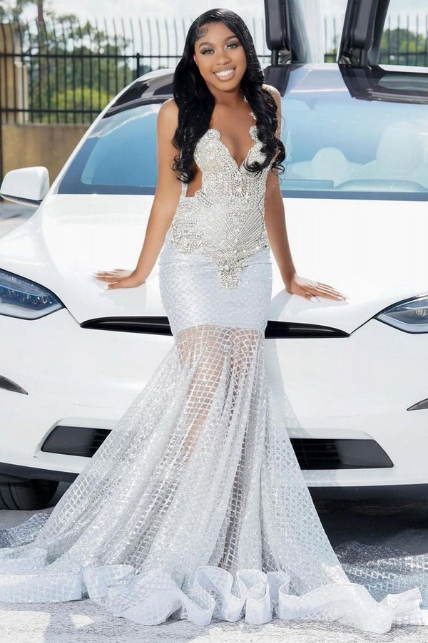 Straps V-neck Silver Beaded Mermaid Sparkle Prom Dresses-showprettydress