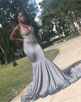 Stretch Satin V-Neck Evening Maxi Dress Sleeveless Mermaid Prom Party Gowns-showprettydress